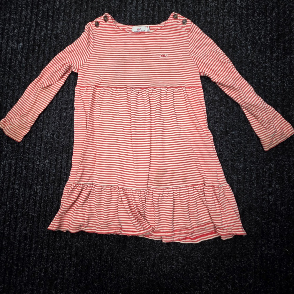 Vineyard Vines Girls XS 5-6 Pink White Striped Whale Dress Long Sleeve Preppy